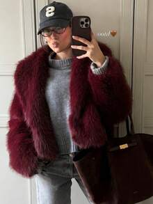 Camellia New Autumn/Winter Faux Fox Fur Collar Fashionable Short Jacket, Youthful Artificial Fur Coat - Burgundy - View 4