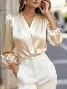 Women's Elegant Business Formal Shirt, Casual Long Sleeve Solid V-Neck Satin Silk Work Blouse, Spring, Fashion Must-Have Commute & Party Top - Champagne - View 3
