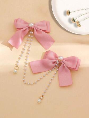 1 PC Hair Bows Pearl Chain Bow Hair Clip Cute Fragrant Sweet Women Clip Hair Ribbons Princess Tassel Head With Women Pearl Hair Accessories Gift For Valentine's Day, Claw Clips, Hair Slide, Hair Barrettes