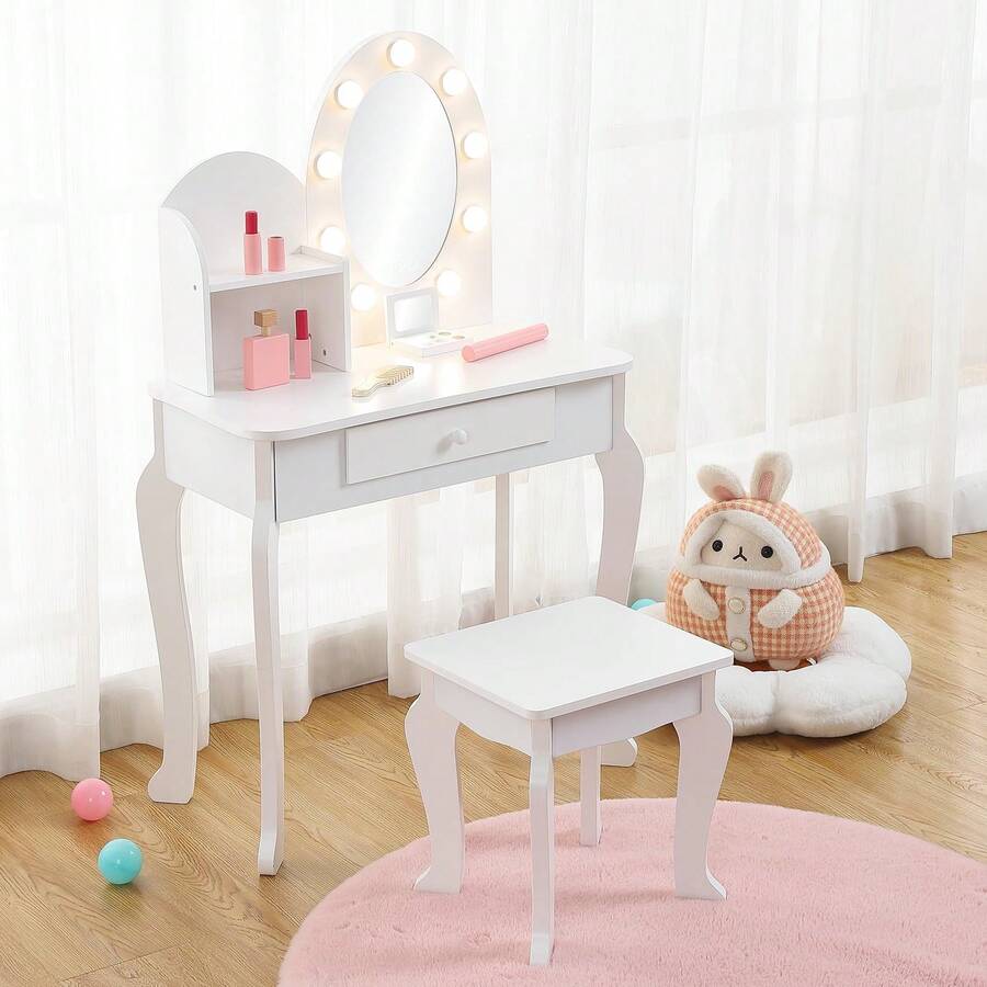 Juego de Mesa y Silla para Niñas con Espejo Iluminado al Tacto, Juego de Maquillaje de Madera con Taburete, Juego de Cambiador Infantil - Blanco - Ver 1