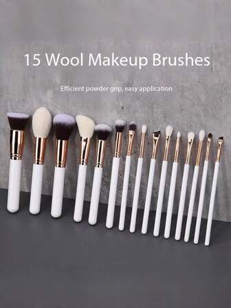 ZHENZITAI 15 piezas Juego de brochas de maquillaje de lana, brochas de sombra de ojos de pelo animal, brocha de cejas en ángulo, brocha de polvo, brocha de rubor, brocha de iluminador, brocha de contorno de nariz, herramientas de maquillaje completas