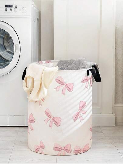 1pc Butterfly Print Foldable Large Capacity Round Storage Basket With Handle, Multipurpose For Bathroom, Bedroom, Laundry, Toys, Household Items, Collapsible Dirty Clothes Hamper, Storage Bin