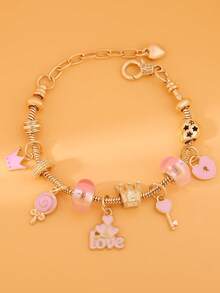 18 cm + 5 cm Bracelet pendentif en acier inoxydable rose à la mode et doux avec des éléments de couronne, sucette, cœur, AMOUR, convient pour un port quotidien, cadeau pour petite amie, Saint-Valentin, Nouvel An - Doré - Voir 4