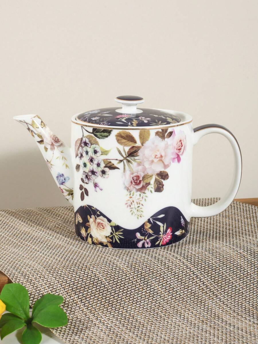 1个高品质陶瓷蓝白花瓣茶壶，适合家庭使用，冲泡花茶 - 彩色 - 查看 1