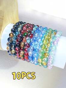 Set de 10 piezas de pulseras de cuentas de estilo bohemio de lujo para mujeres, pulseras de cuentas de vidrio hechas a mano, accesorios versátiles, mejor regalo para Navidad, Acción de Gracias, Día de San Valentín, fiesta de cumpleaños - Multicolor - Ver 6