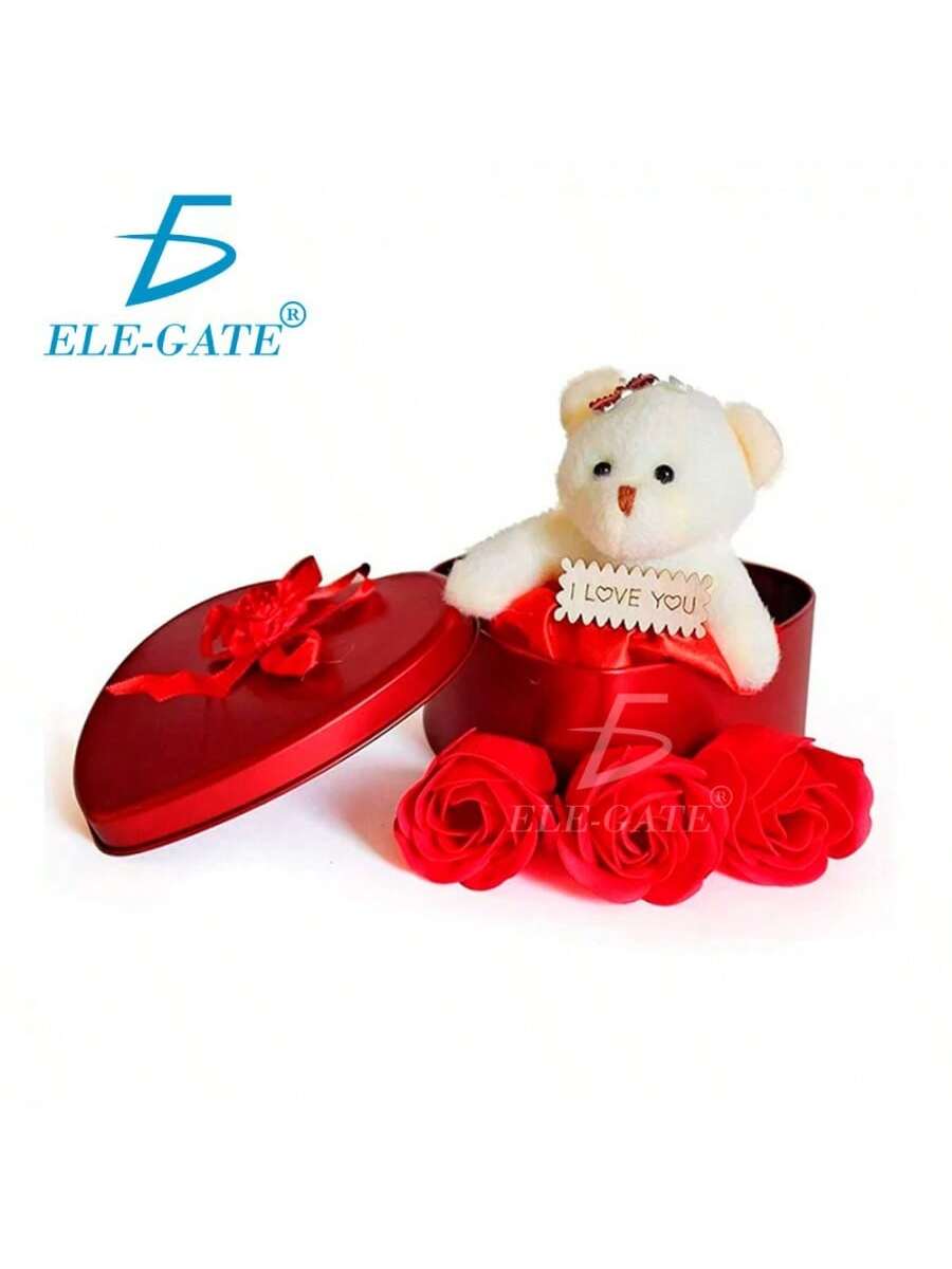 Oso de peluche decorativo de lujo de color rojo y tamaño grande, junto con rosas de jabón y un corazón de plástico, rega