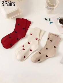 3/5 Pairs Women's Mid-Calf Socks, Heart Design, Versatile Loose Top Socks - Multicolor - View 2