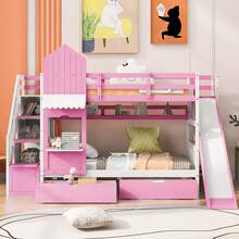 MERAX Twin-Over-Twin Castle Style Bunk Bed With 2 Drawers 3 Shelves And Slide - Pink - 粉色 - 查看 2