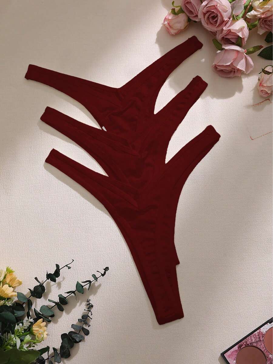 3条装女士纯色舒适无痕丁字裤 - 紅色 - 查看 1