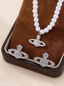 3pcs/Set Fashionable Pearl Shiny Rhinestone Flower & Planet Design Necklace And Earrings Jewelry Set For Women, Valentine's Day - Multicolor - View 1