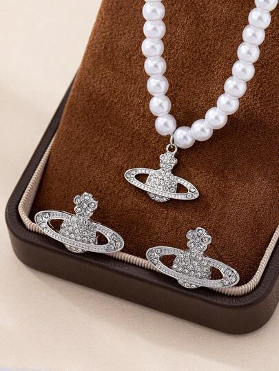 3pcs/Set Fashionable Pearl Shiny Rhinestone Flower & Planet Design Necklace And Earrings Jewelry Set For Women, Valentine's Day