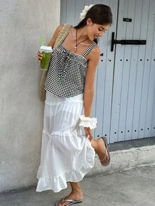 Doriss 女士纯色格纹麻花吊带背心休闲款 - 黑與白 - 查看 8