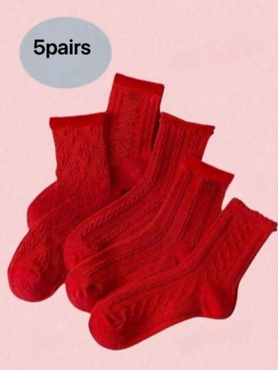 5 paires de chaussettes mi-mollet rouges pour femmes, chaussettes mi-mollet rouges à la mode pour hommes, convenant à l'automne/hiver, aux mariages, aux couples, au Nouvel An