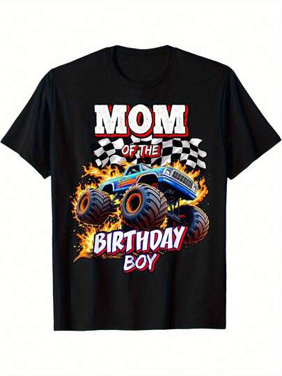 Camiseta blanca para hombre de cumpleaños, mamá de la mamá - Gráfico de camión monstruo de carreras y llamas con bandera a cuadros, camiseta casual de cuello redondo para atuendos de fiesta, diseño duradero de camión monstruo para el día especial de mamá (talla)