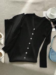 Yuwenier Elegant V-Neckline Long Sleeve Slim-Fit Rib-Knit Gray Long Knit Sweater Dress Button Front Regular Hem Autumn/Winter For Everyday Casual Wear - Black - View 4