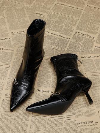 Women's Black Ankle Boots And Short Boots, 7cm High Heel, Elastic Skinny Boots, Comfortable And Fashionable Pointed Toe High Heel Boots