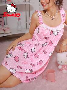 Sanrio 1-Piece Women's HelloKitty,Pink,Ruffle,Ruched Bust, Heart &Polka Dots Print,Sleepwear,Cute Sleep,Sleep Dress,Slip Dress,Loungewear.