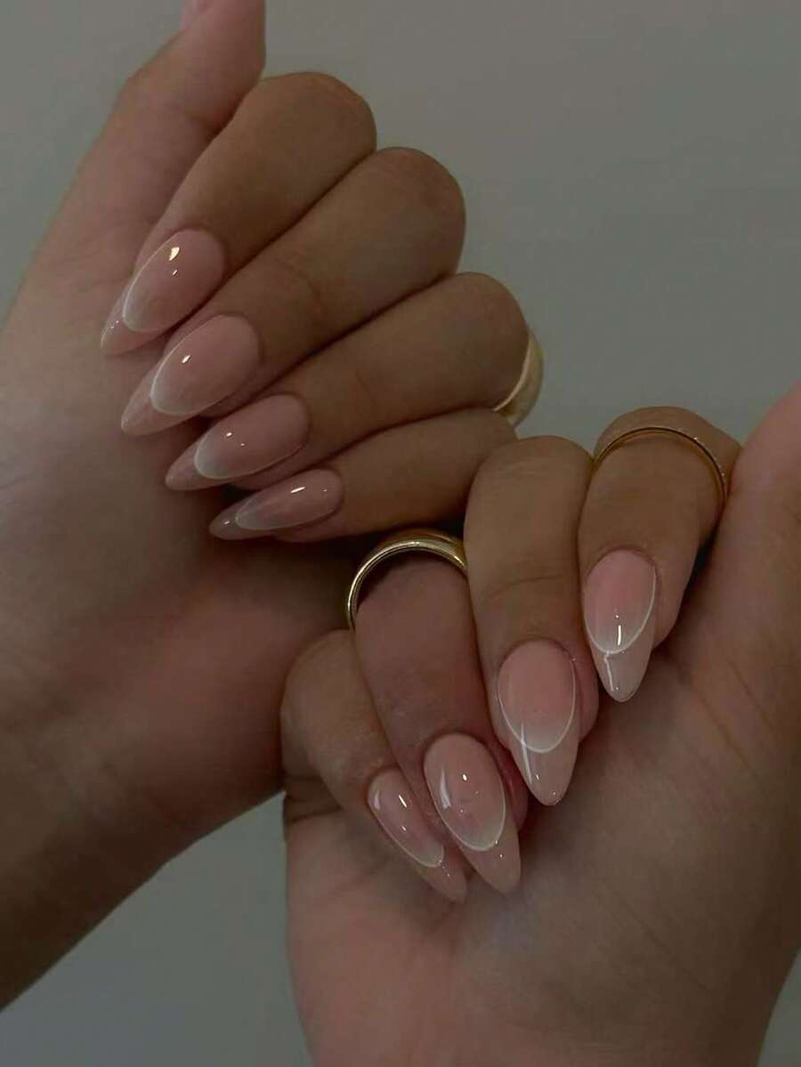 24pcs/Set Almond Shaped Glossy Ombre Nude French Manicure Acrylic Press-On Nails, Includes 1pc Jelly Gel And 1pc Nail File, Suitable For Women And Girls For Daily Wear And Parties - Multicolor - View 1