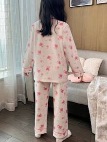 Autumn/Winter Girls' 2-Piece Long Sleeve Button-Front Pajama Set, Cartoon Petal Print Flame-Retardant Loungewear For Big Tween Girl - Pink - View 2