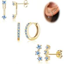 arete chapados en oro para mujer de moda 3 pares de aretes pequeños y bonitos para cartílago accesorios de moda regalo de joyería occidental - 12 Topacio Azul Creado Diciembre Oro - Ver 7