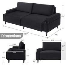 Sofá de 3 Plazas de 81 Pulgadas con Portavasos, Amueblé Moderno con Almacenamiento para Hogar y Oficina - Negro - Ver 2