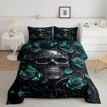 Erosebridal Gothic Bedding Set For Adluts Teens, Goth Skull Comforter Set Vintage Victorian Romantic Turquoise Rose Floral Quilt, Skeleton Boho Horror Bed Sets, Gothic Decor Pretty Room Decor, For Birthday Festival Gift, Cozy Machine Washable(Microfiber) - 綠色黑色 - 查看 7