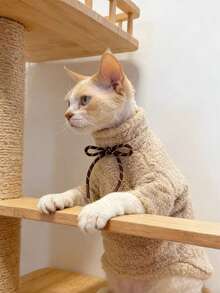 1 Pc Soft Fleece Pet Hoodie With A Rope Bow Tie In Autumn And Winter .Hairless Cat Cloth In Winter - Khaki - View 7