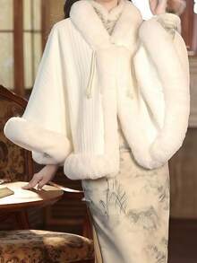 1pc Vintage Gentle Goddess Evening Gown Cloak Jacket, Faux Pearl Button & Furry Trim Collar, Versatile Warm Wrap Shawl, Suitable For Any Holiday Gift - A - View 7