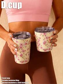 1pc 350ml Pink Floral Pattern Insulated Tumbler, Thermal Mug, Coffee Cup, Cup, Travel Mug, Vacuum Bottle, Flat Bottom Cup, Tea Cup, Water Bottle, Holiday Gift, Birthday Gift, Graduation, Back To School, Valentine's Day, Mother's Day And Other Holiday Gifts - Multicolor - View 1