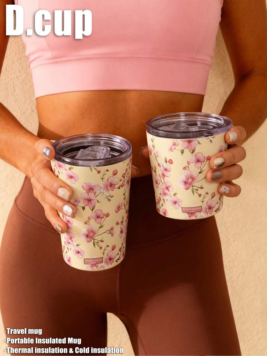 1pc 350ml Pink Floral Pattern Insulated Tumbler, Thermal Mug, Coffee Cup, Cup, Travel Mug, Vacuum Bottle, Flat Bottom Cup, Tea Cup, Water Bottle, Holiday Gift, Birthday Gift, Graduation, Back To School, Valentine's Day, Mother's Day And Other Holiday Gifts - Multicolor - View 1