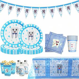 1/6/10/12/20/110 st. Första tand-tema festtillbehör, inkluderar engångstallrikar med 18 cm blå tand, pappersmuggar, servetter, festporslin för ny tand, festdekorationer för första tanden, servisset för könsavslöjande, engångsservisset för 1-årsfest