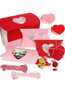 50/25Pcs/1PC- Valentine's Day Treat Boxes With Gift Tags Cotton Rope Red Pink Pillow Boxes With Heart PVC Window Gift Paper Container For Sweets Chocolate Birthday Wedding Party - Multicolor - View 1