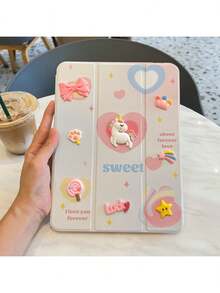 Heart Apple 1pc Pink PU Unicorn Decal Tri-Fold Flip Cover Stand Function & Pen Slot, Compatible With Ipad Models - Pink - View 53