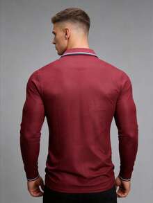 Men's Contrast Collar Long Sleeve Casual Business Commute Polo Shirt, Spring/Autumn - Red - View 4