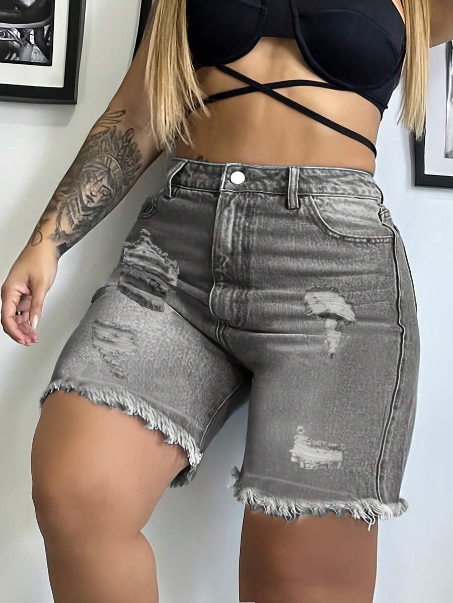 Plus Size Mid-Rise Wash With Water Denim Biker Shorts For Women, Oversized Ripped Distressed Design With Frayed Hem, High-Street Casual Stretch Fit - Màu Xám nhạt - Xem 1
