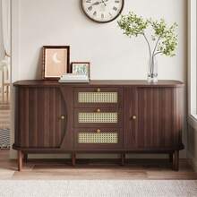 Sideboard, Rattankommode, Kommode Mit Schiebetüren, Verstellbaren Einlegeböden Und Abgerundeter Platte. - Redwood - View 5