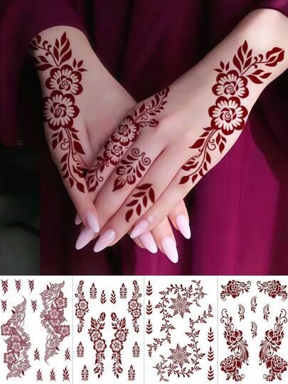 4 Sheets Henna Temporary Tattoos Brown Henna Tattoo Waterproof Hand Tattoos Eid Decorations Mandala Stickers Mehndi Tattoo Red Sexy Ramadan Stickers For Wedding Festival Party Dating Valentine Day