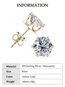 XUJIA 一对925纯银皇冠六爪莫桑石耳钉，3毫米/4毫米/5毫米/6.5毫米/8毫米/9毫米经典圆形D色VVS1净度宝石，金色，珠宝礼品