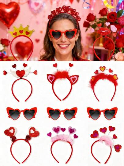 1/2/4/5pcs-Valentine's Day Women's Sparkling Red Heart Headband And Heart-Shaped Glasses Set, Suitable For Valentine's Day Party Decorations, Clothing Accessories, Party Gifts, And Party Outfits.