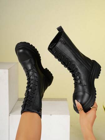 Women's Fashion Versatile Lace-Up Mid-Calf Boots, Motorcycle Boots, Short Boots, High-Top Anti-Slip Boots, Casual Comfortable Side Zipper Outdoor Boots, Riding Outdoor Black Boots, Autumn/Winter Boots, Outdoor Boots, Over-The-Knee Boots