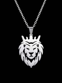 1pc Fierce Crown Lion Stainless Steel Necklace - Silver - View 10