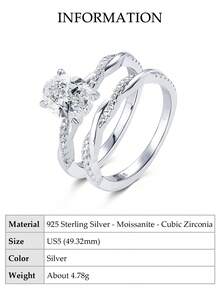 XUJIA 1 Set 925 Sterling Silver Moissanite Bridal Ring Set, 7x9mm (2 Carat) Oval Moissanite Ring, Classic Women's Ring, Twisted Engagement Ring, Anniversary Party Birthday Jewelry Gift - Silver - View 13