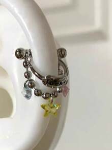 1件闪亮钛钢马蹄形耳环，带心形和星星吊坠耳夹 - 銀色 - 查看 5