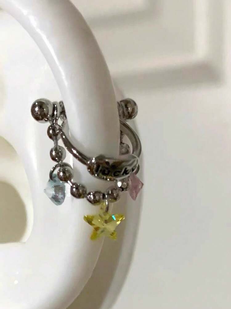 1 pieza Pendiente de aro de acero de titanio con colgante de corazón y estrella - Plateado - Añade 5