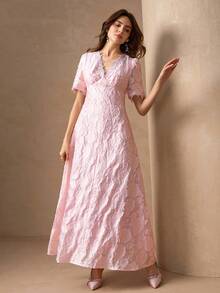 优雅镂空面料高端蕾丝拼接年轻女士时尚连衣裙 - 粉色 - 查看 4