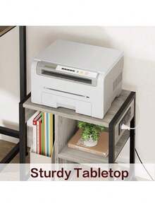 Soporte de impresora de escritorio con estación de carga, Mesa de impresora industrial con 3 estantes de almacenamiento, Carrito de impresora pesada móvil con ruedas bloqueables para almacenamiento de papel, Oficina en casa - Gris - Ver 3