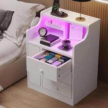 Mesita de Noche Buros para Recamara con Luces Led y Estación de Carga Mesa Auxiliar con 3 Cajones y 1 Puerta para Dormitorio y Sala De Estar 45 X 35 5 X 68 Cm Blanco - como en la foto - Ver 6