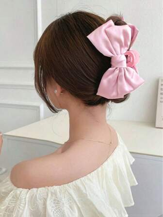 1pc Oversized Pink Bow Hair Claw Clip, Cute & Sweet, Suitable For Bun Hairstyle, Fashion & Versatile, Elegant & Minimalist, Suitable For Daily Wear, Casual, Party, Commute, Vacation, Washing Face, Makeup, Outfit Matching