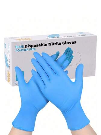 100 只蓝色一次性丁腈手套，无粉且耐用，适用于家庭和厨房清洁，不含乳胶，手指麻，适用于厨房、浴室、卫生间、客厅和其他家务、绘画和户外旅行和家用小工具，多用途手套（袋装）