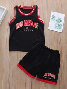 男童字母印花背心和短裤休闲套装 - 黑色 - 查看 1